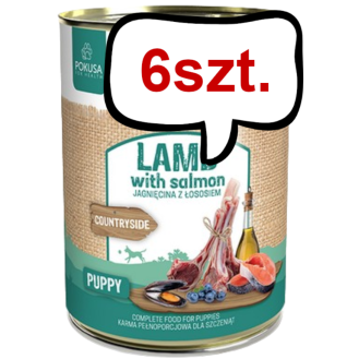Pokusa Premium Selection Countryside Puppy Jagnięcina z łososiem Mokra Karma dla szczeniaka op. 400g Pakiet 6szt. + Silikonowa pokrywka z łyżeczką GRATIS