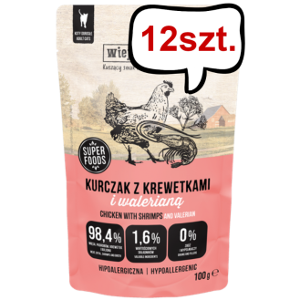 Wiejska Zagroda Kurczak z krewetkami i walerianą Mokra Karma dla kota op. 100g Pakiet 12szt.