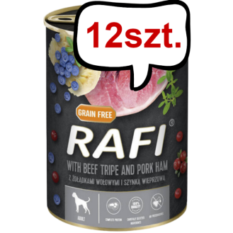 Rafi Dog Żoładki wołowe i szynka z borówką i żurawiną Mokra Karma dla psa op. 400g Pakiet 12szt.